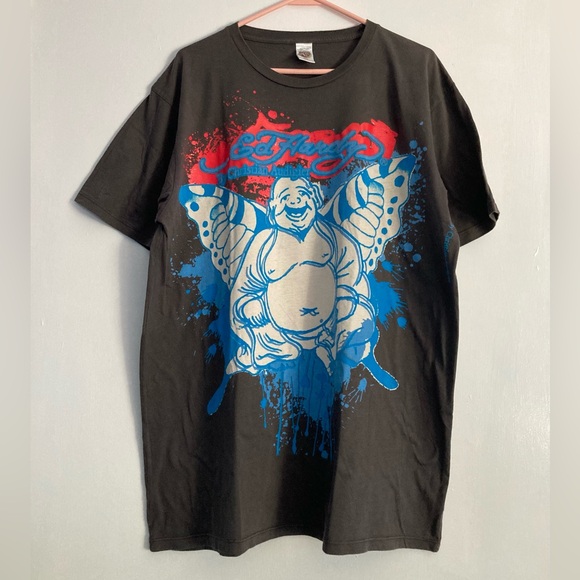 Ed Hardy Other - Ed Hardy SZ XL 100% cotton dark gray slate Buddha butterfly design vintage
